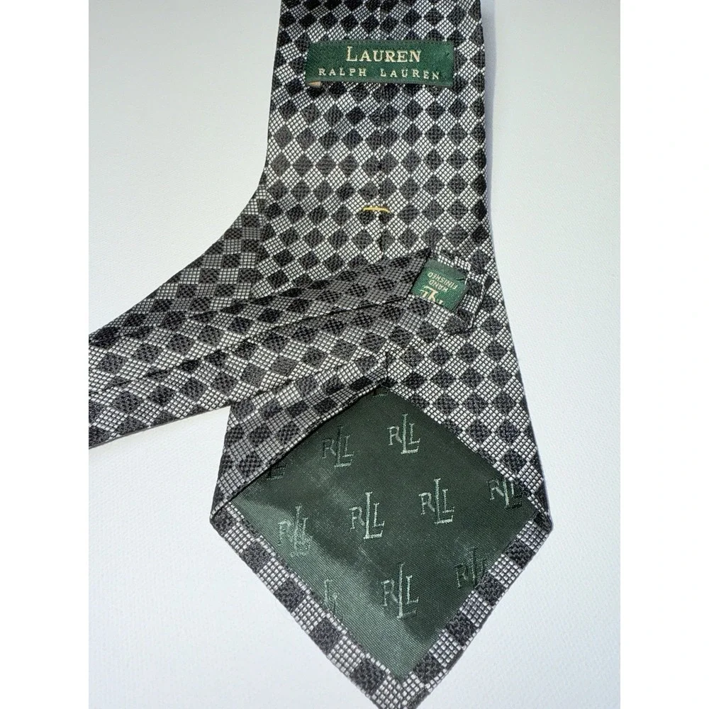 Lauren Ralph‎ Lauren Vintage Silk Tie Gray/Black Geometric Diamond RLL